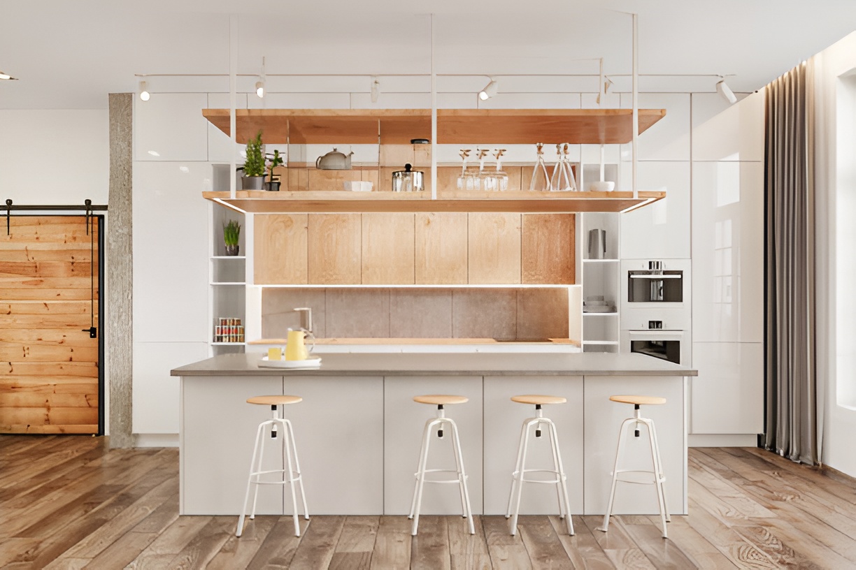 modern kitchen with a bar