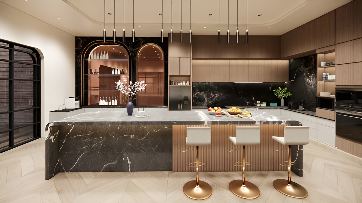 modern kitchen featuring a sleek bar with gold and marble accents