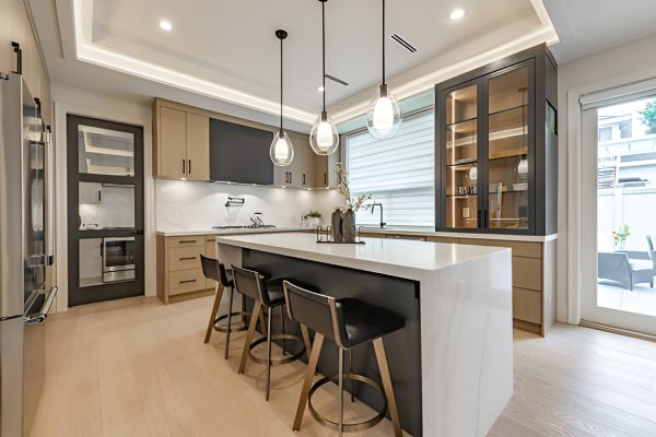 modern kitchen with a bar