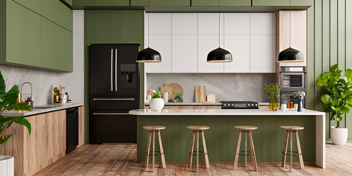 green and white kitchen with indoor plants