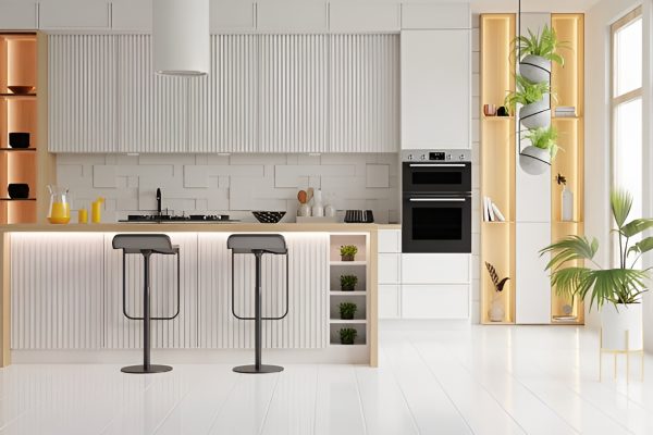 modern kitchen with a bar and indoor plants