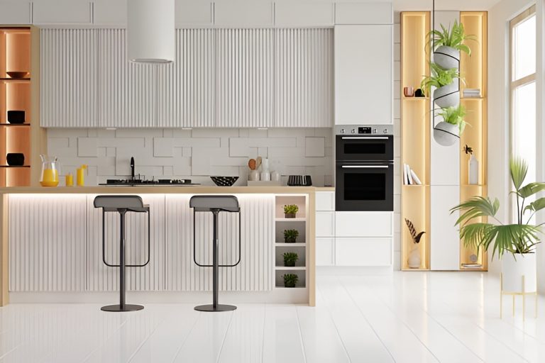 modern kitchen with a bar and indoor plants