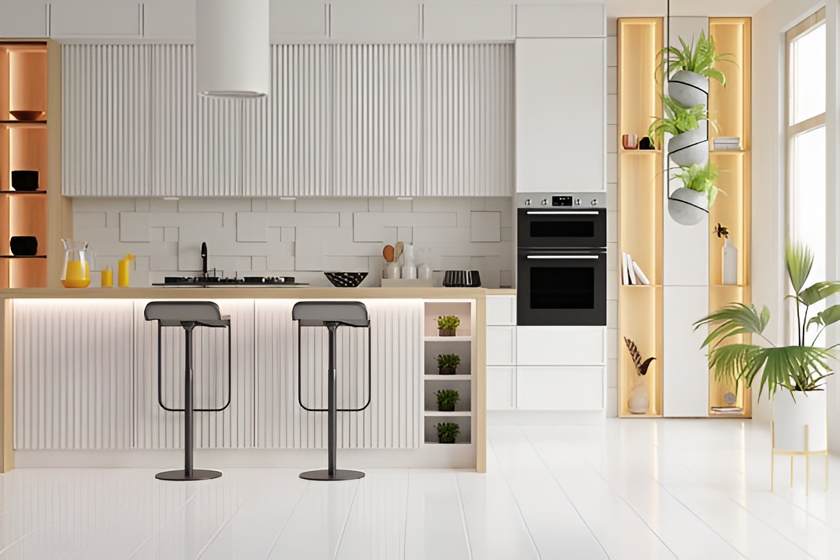 modern kitchen with a bar and indoor plants